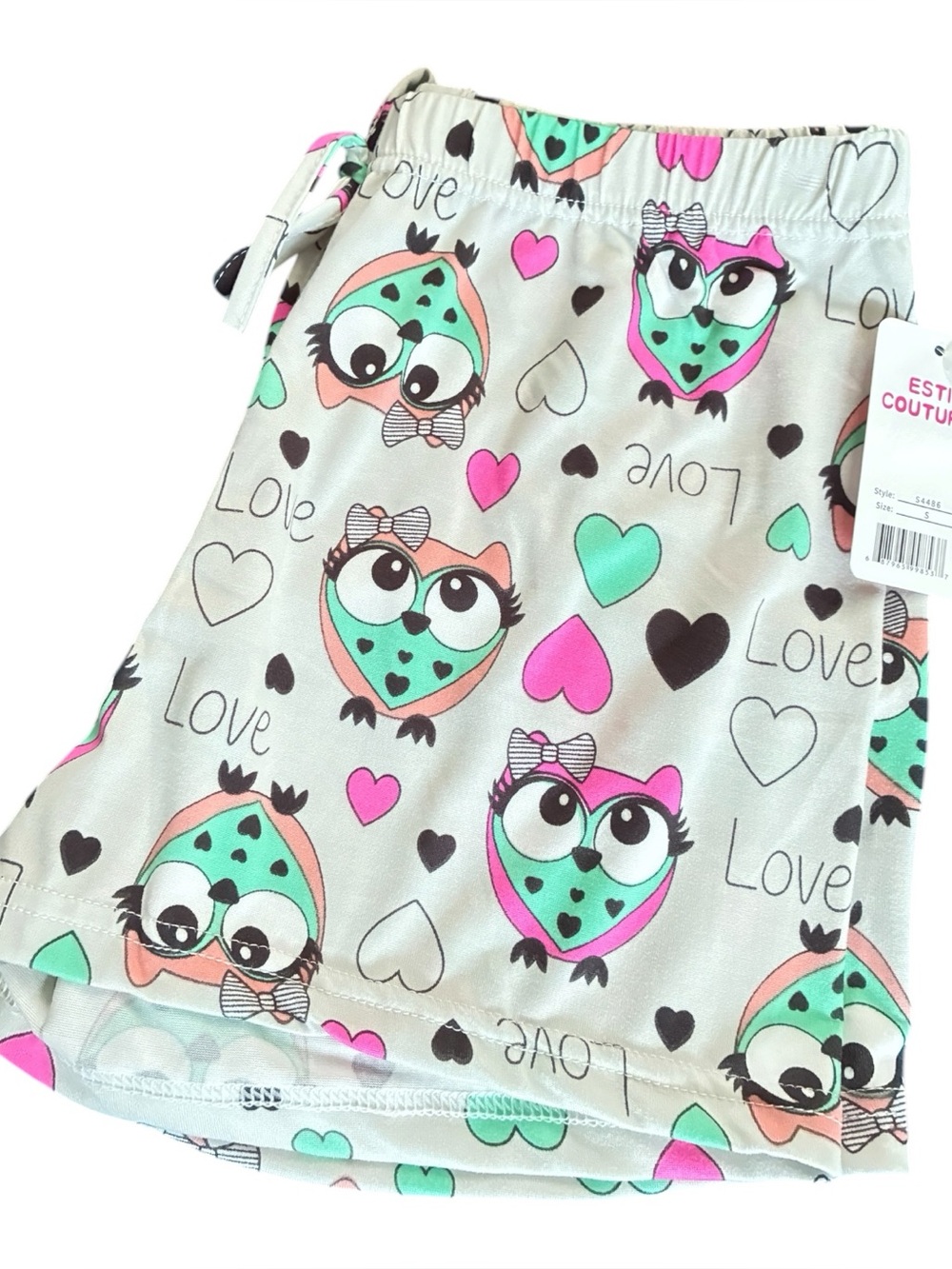 Cute Owl Print Lounge Shorts in White, Mint & Pink